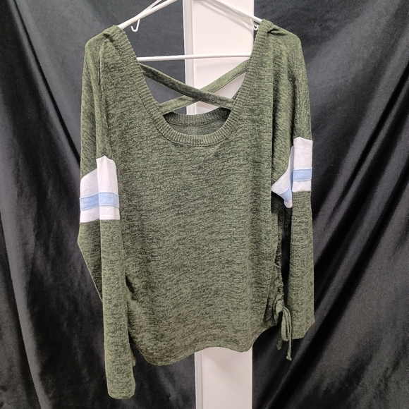 No Boundaries Tops - Green Knit Top with Striped Sleeves
